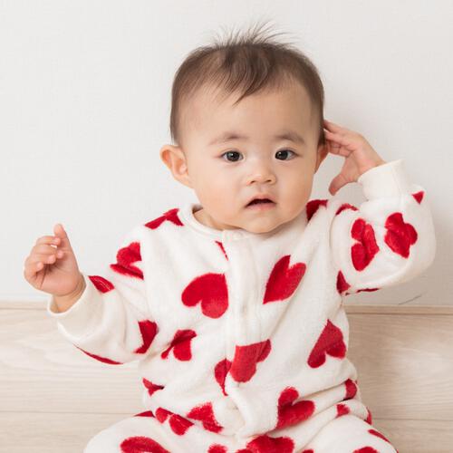 長袖カバーオール フリース ハート柄 レッド×70cm