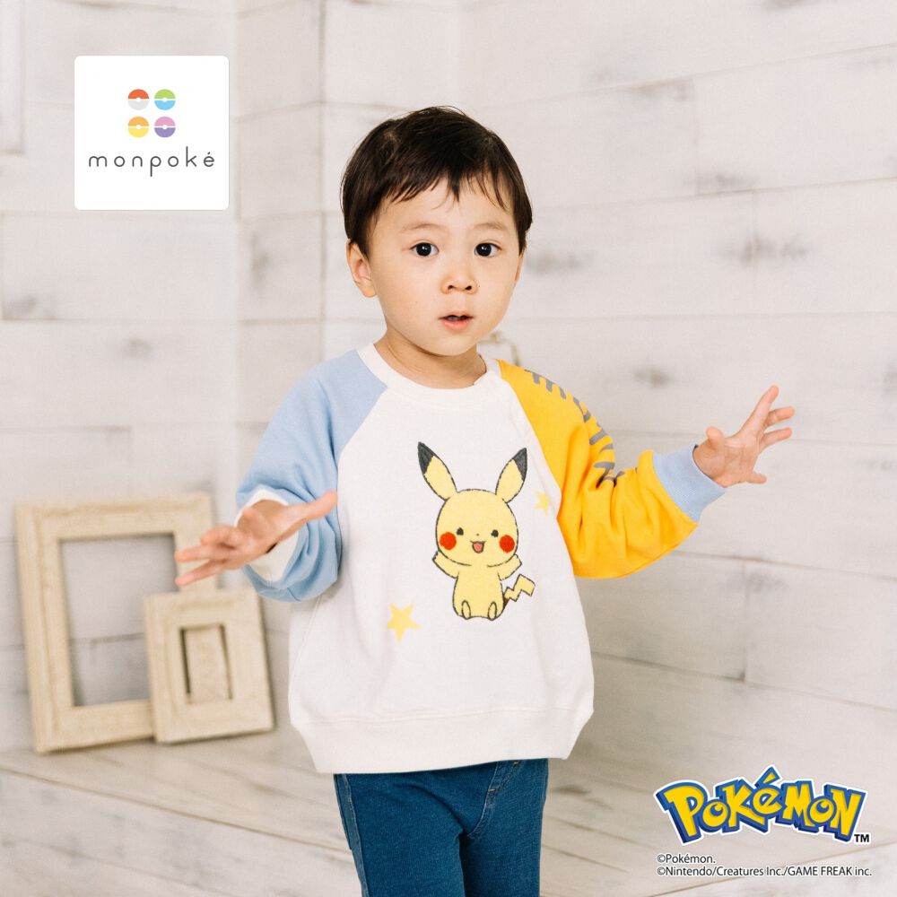 monpoke モンポケ トレーナー 袖配色 サガラ刺繍 ピカチュウ