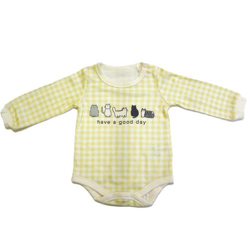 【ベビー×ペットコレクション】長袖ボディスーツ スタイ付き 格子柄 スムス ネコ イエロー×70cm