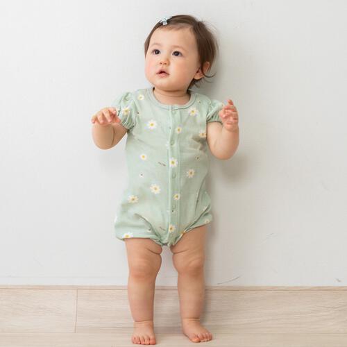 半袖ロンパース 鹿の子天竺 デイジー柄 グリーン&times;70cm