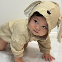 【ベビー&times;ペットコレクション】長袖フード付きボディスーツ ボア耳付き 裏毛 犬 70-80cm