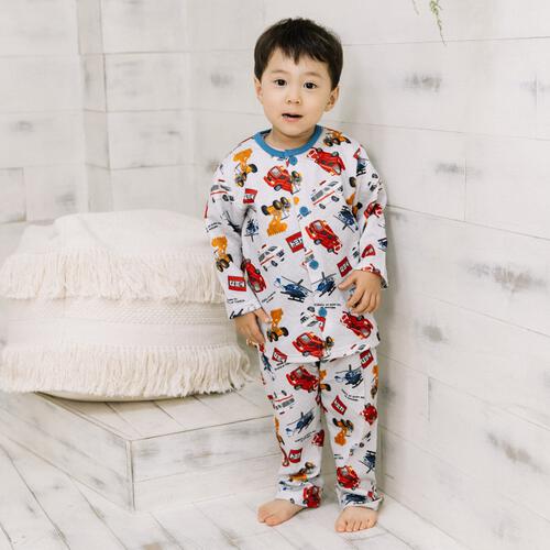 TOMICA トミカ 前開き長袖パジャマ 総柄 キルト 腹巻付き ブルー×110cm