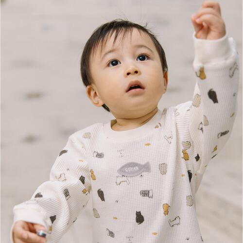 【ベビー×ペットコレクション】長袖Tシャツ ワッフル 猫総柄 ナチュラル×80cm
