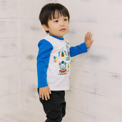 THOMAS トーマス 長袖Tシャツ 天竺 袖配色 ブルー×100cm ベビーザらス限定