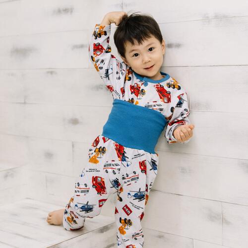 TOMICA トミカ 前開き長袖パジャマ 総柄 キルト 腹巻付き ブルー×100cm