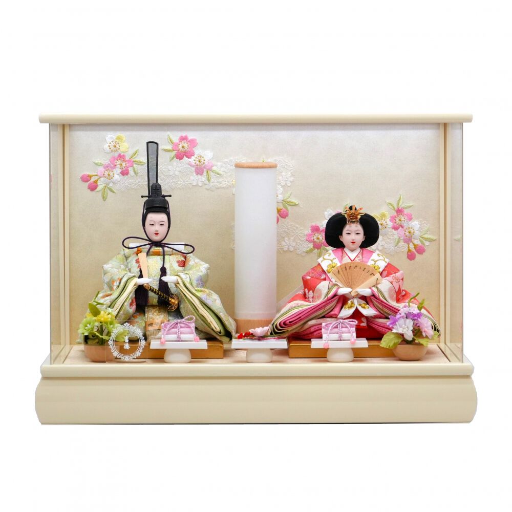 雛人形】ケース飾り 親王飾り「桜刺繍クリーム パノラマアクリル