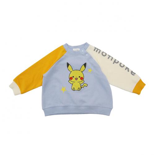 monpoke モンポケ トレーナー 袖配色 サガラ刺繍 ピカチュウ ブルー×80cm