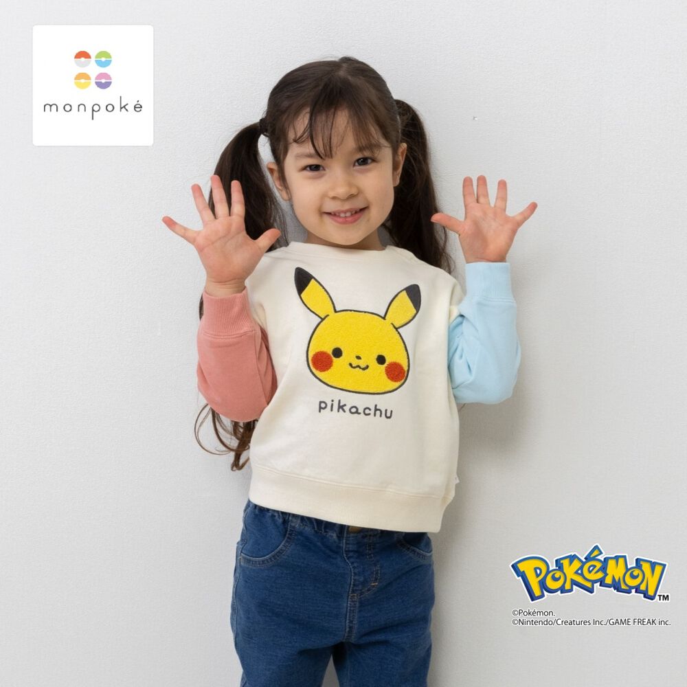 monpoke モンポケ トレーナー 袖配色 サガラ刺繍 ピカチュウ