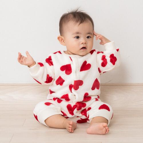 長袖カバーオール フリース ハート柄 レッド×80cm