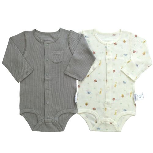 長袖前開きロンパース肌着 2枚組 ワッフル アニマル グレー×80cmベビーザらス限定