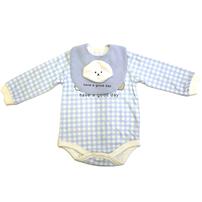 【ベビー×ペットコレクション】長袖ボディスーツ スタイ付き 格子柄 スムス イヌ ブルー×80cm
