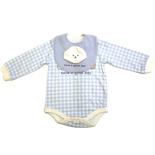 【ベビー×ペットコレクション】長袖ボディスーツ スタイ付き 格子柄 スムス イヌ ブルー×80cm