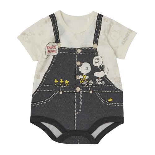 SNOOPY 半袖ボディスーツ サロペット風 スヌーピー ナチュラル&times;70cm