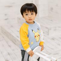 monpoke モンポケ トレーナー 袖配色 サガラ刺繍 ピカチュウ ブルー×100cm