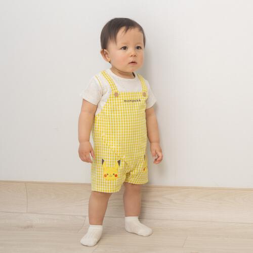 monpoke モンポケ 半袖ロンパース ギンガムチェック サロペット型 イエロー&times;80cm 