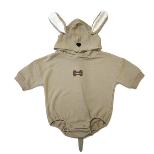 【ベビー×ペットコレクション】長袖フード付きボディスーツ ボア耳付き 裏毛 犬 70-80cm