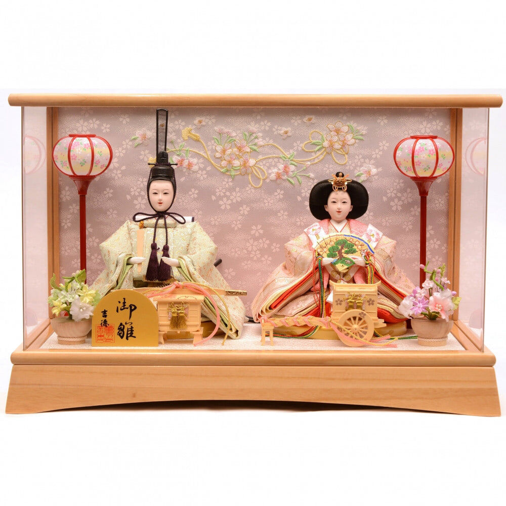 雛人形】ケース飾り 親王飾り「桜リボン木目調パノラマアクリル