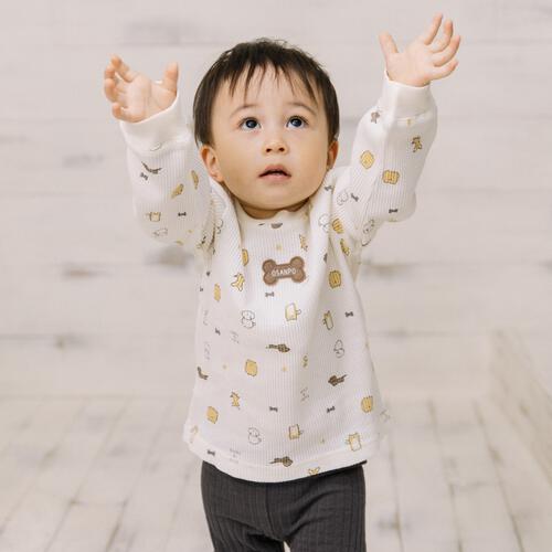 【ベビー×ペットコレクション】長袖Tシャツ ワッフル 犬総柄 ナチュラル×80cm