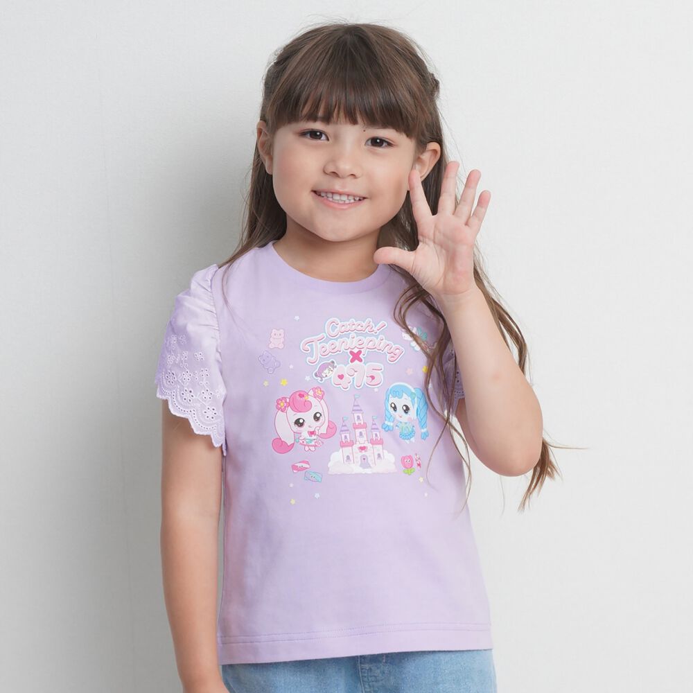 ティニピン×しなこ】半袖Tシャツ 袖レース 天竺 パープル×120cm