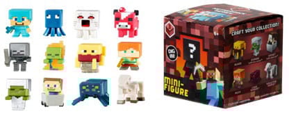 左:『マインクラフト コレクタブル ミニフィギュア ミステリーパック (ネザーラックシリーズ)』 <各399円(税抜)> 右:12種類のフィギュア(パッケージ)
