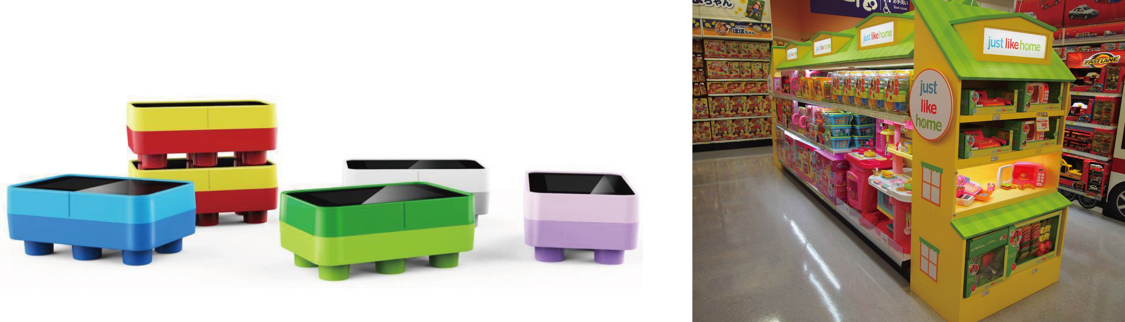 （左）キッズ向けデジタルテーブル「Kid’s Touch」（右）おままごと・キッチントイ体験コーナー