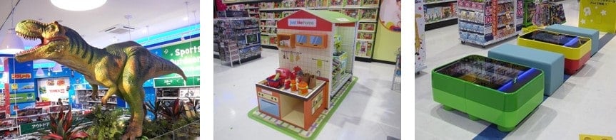 (左) 動く“ティラノサウルス”模型　（中央） キッチン型ディスプレイ　（右） キッズ向けデジタルテーブル「Kid’s Touch」　